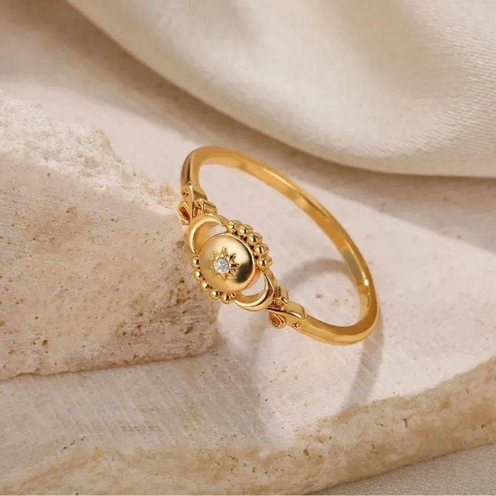 18K Gold Triple Moon Goddess Ring With Diamond Accent